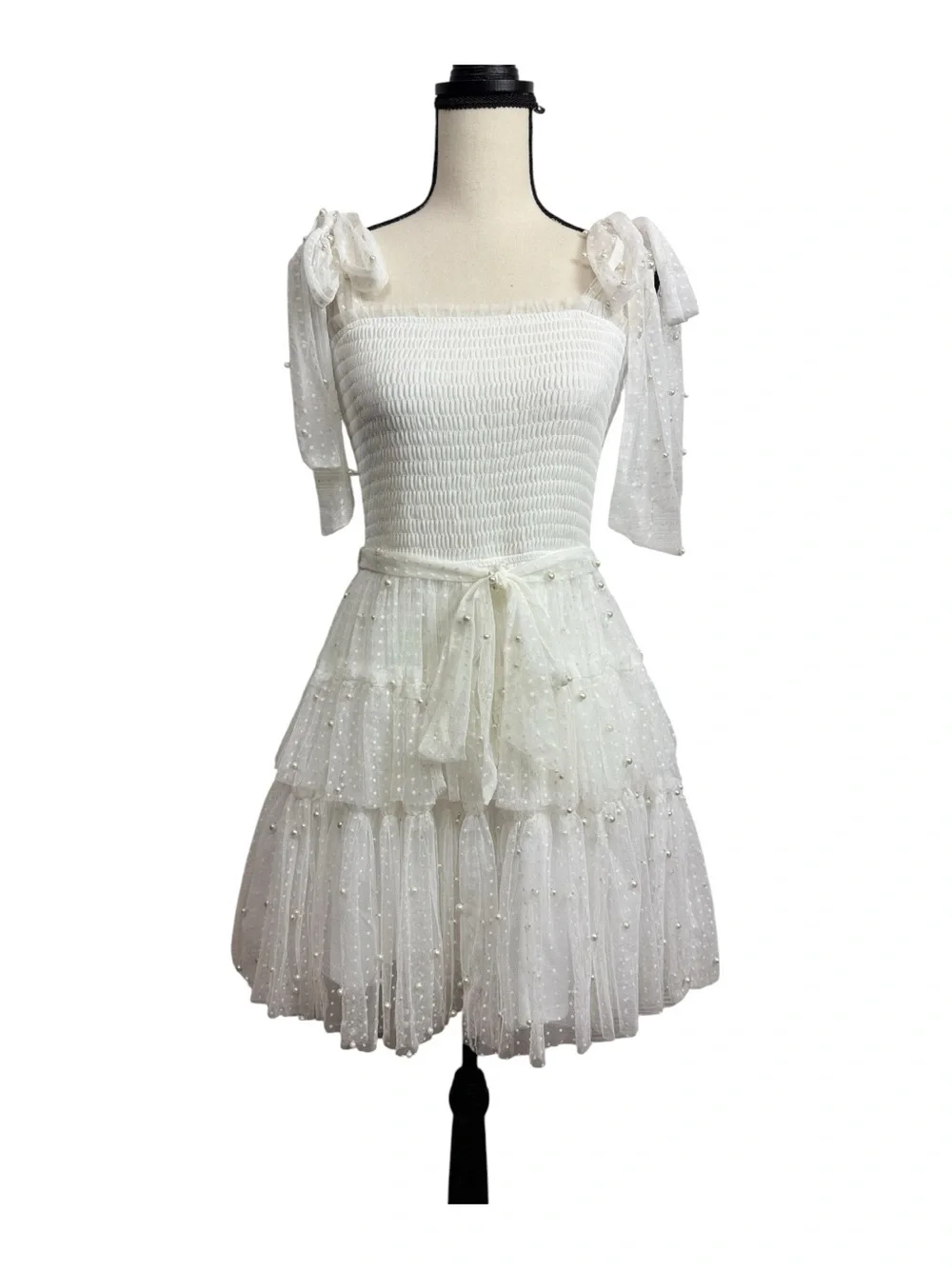 Francesca's Collections White Tie-Shoulder Tulle Pearl Mini Dress Medium - Picture 3 of 7